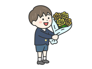 父の日に、黄色の薔薇の花束を渡す、男の子（線画カラー）のイラスト