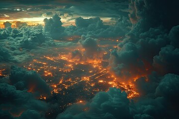 City lights veiled by dramatic clouds at dusk.