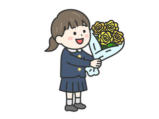 父の日に、黄色の薔薇の花束を渡す、女の子（線画カラー）のイラスト