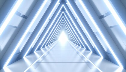 Obraz premium Futuristic Sci-Fi Triangle Tunnel Empty Long Light Corridor with Neon Firefly Glow