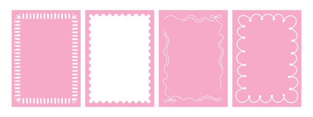 Set of pink and white whimsical frames. Hand drawn wavy frames for trendy invitations, cards, menu design. Vector illustration of doodle rectangular borders.