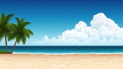Fototapeta premium Pixel Art Tropical Beach Palm Trees, Blue Ocean, White Clouds
