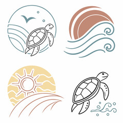 Sea turtle ocean wave sun set design elements