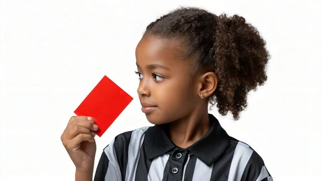 Determined girl referee with curly hair showing red card confidently, captured in ambient studio light Video 4K UHD 60 FPS