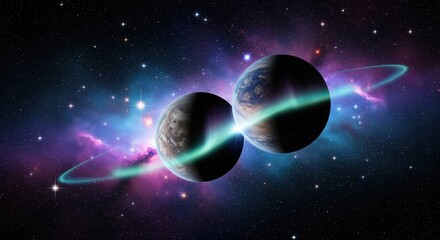 Obraz premium Two Planets in Orbit with Glowing Atmospheres and Nebula | space wallpaper 4k for laptop | space wallpaper 4k for pc | aesthetic space wallpaper 16:9 | dark wallpaper background