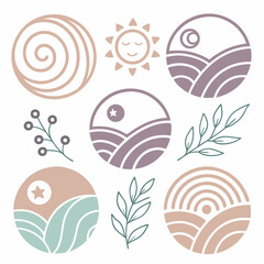 Elegant minimalist nature icons set, transparent background