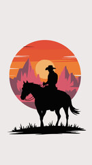 Lone Cowboy on Horseback Silhouetted Against a Fiery Sunset in a Desert Canyon Landscape &ndash; Western Illustration Art

