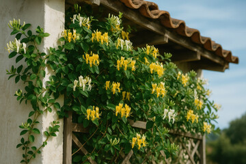 Lush yellow honeysuckle flowers growing along rustic wall with green foliage and wooden trellis design
