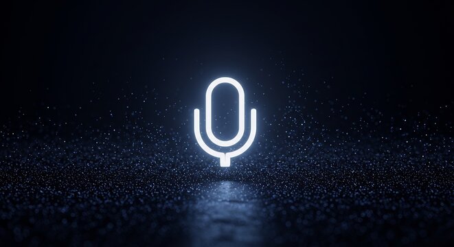 Glowing Neon Microphone Icon on Dark Blue Background