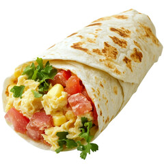 Mexican chicken wrap with vegetables and breakfast burrito isolated image on white or transparent Background