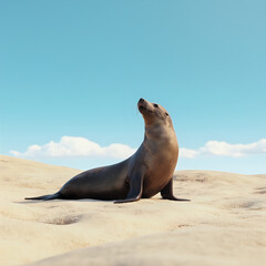 Naklejka premium A sea lion rests on a sandy beach, gazing upwards against a backdrop of a clear sky.