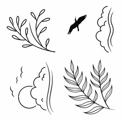 Elegant line art botanical elements bird sun clouds design