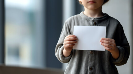A young child stands in a cozy indoor setting, holding a blank book mockup. The soft natural light creates a minimalist atmosphere