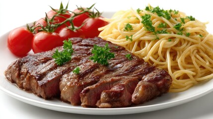 Juicy steak alongside flavorful spaghetti and colorful vegetables offers a delightful culinary experience on a clean, white background