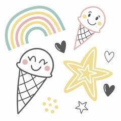 Cute ice cream cones rainbow stars hearts