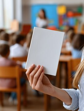 A close-up view of a hand holding a blank book in a lively classroom environment. 
