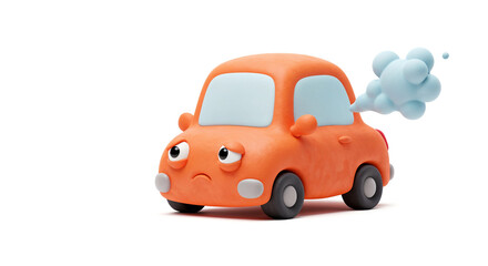 3d clay style , broken Cartoon car after car accident feeling sad with smoke coming out of the exhaust  