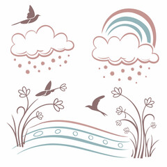Birds flowers rainbow clouds peaceful nature scene