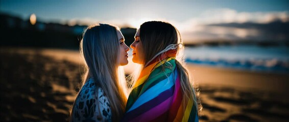 Sunrise beach pride moment with pride flag, pride flag love scene on pride beach during pride sunrise motion romantic queer sunrise - Powered by Adobe