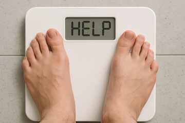  Bathroom scale displays word help. Human feet standing. Concept diet, weight loss, obesity. Overweight, anorexia, starvation, balance, healthy lifestyle. Need assist, gain or lose body weight