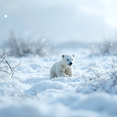 Fototapeta premium A polar bear is captured in the midst of a snowy landscape, its pristine white fur contrasting sharply with the surrounding snowflakes.