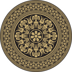 Vector gold with black classic Greek round ornament. Circle of Ancient Greece and the Roman Empire. Byzantine painting of walls, floors and ceilings. Decoration of European palaces.
