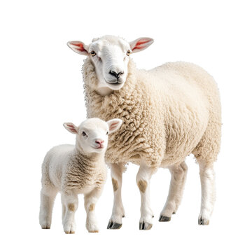Adult and small white sheep in full-body view, sheep farming concept, isolate on transparent background