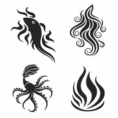 Stylized ocean creatures black ink designs set