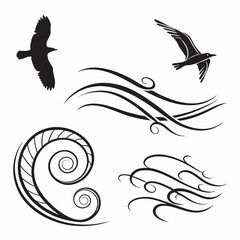Elegant bird silhouettes and swirling wind designs, transparent png