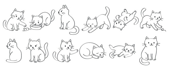 Adorable collection of hand drawn cartoon cats in different poses and moods. Perfect for children's products, pet related designs, coloring books, stickers or educational materials
