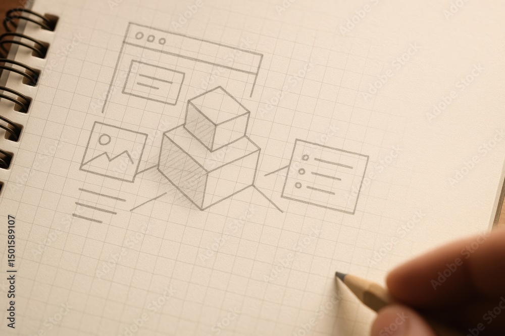 Poster Conceptual Sketch of Data Management and Workflow on a Notebook Page with Pencil