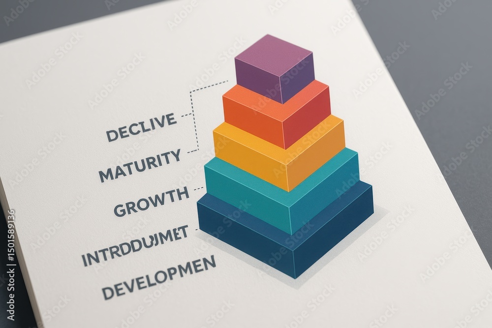 Poster colorful stacked blocks representing business development stages with labels and chart elements