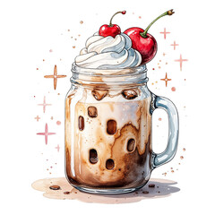 Whimsical Iced Coffee with Whipped Cream and Cherry in Mason Jar – Cute Watercolor Style cup of coffee with cherry