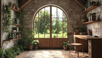 Serene Stone Cottage Study with Arch Window