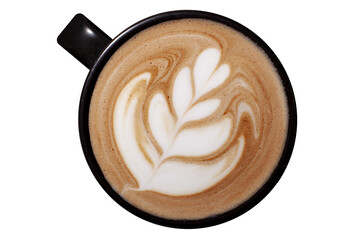 A black ceramic cup filled with cappuccino, topped with creamy milk foam and a leaf-shaped latte art pattern. The design gently swirls toward the center, creating a soft marbled effect.