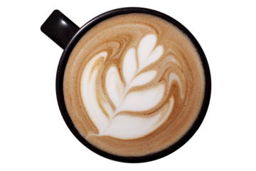 A black ceramic cup filled with cappuccino, topped with creamy milk foam and a leaf-shaped latte art pattern. The design gently swirls toward the center, creating a soft marbled effect.