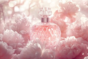 Delicate perfume bottle surrounded by peonies.