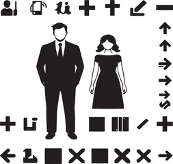 man and woman icon set collection with diverse directional markers on white background.