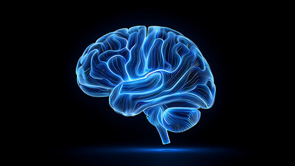 3d rendering of human brain, complex neural network, digital technology, futuristic blue light, black background