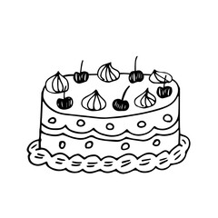 Hand drawn illustration of a cute cake. Anniversary cake celebrating a wedding or birthday. Clip art of girly atmosphere.