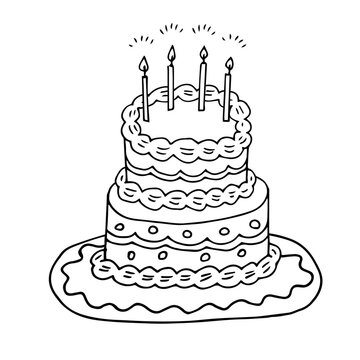 Hand drawn illustration of a cute cake. Anniversary cake celebrating a wedding or birthday. Clip art of girly atmosphere.