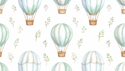 Seamless Watercolor Pattern of Pastel Hot Air Balloons and Flowers