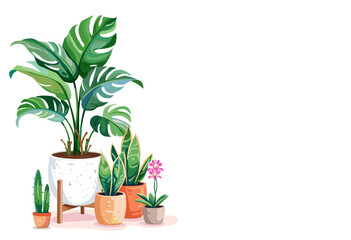 Group of potted plants including Monstera, snake plant, and orchid  