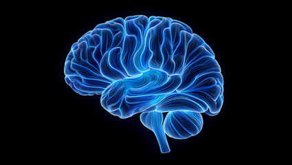 3d rendering of human brain, complex neural network, digital technology, futuristic blue light, black background