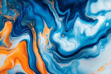 Obraz premium Close-up view reveals a mesmerizing display of fluid art, featuring lively blue and orange swirls that blend seamlessly with white to create a captivating marbled effect
