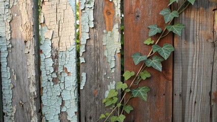 Ivy Growing on a Weathered Wooden Fence