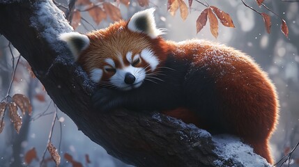 Fototapeta premium A red panda rests oon a tree this endangered specie is also known as lesser panda or red cat bear
