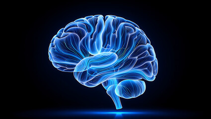 3d rendering of human brain, complex neural network, digital technology, futuristic blue light, black background