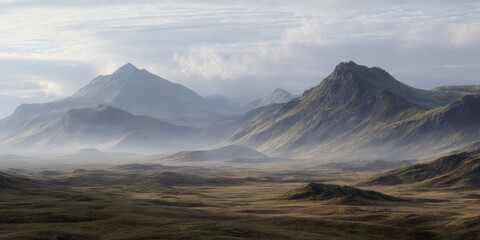 Misty Icelandic Landscape with Distant Mountains