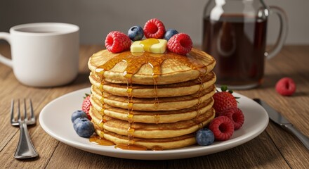 American pancakes stack with fresh berries like raspberries blueberries and rich sweet maple syrup